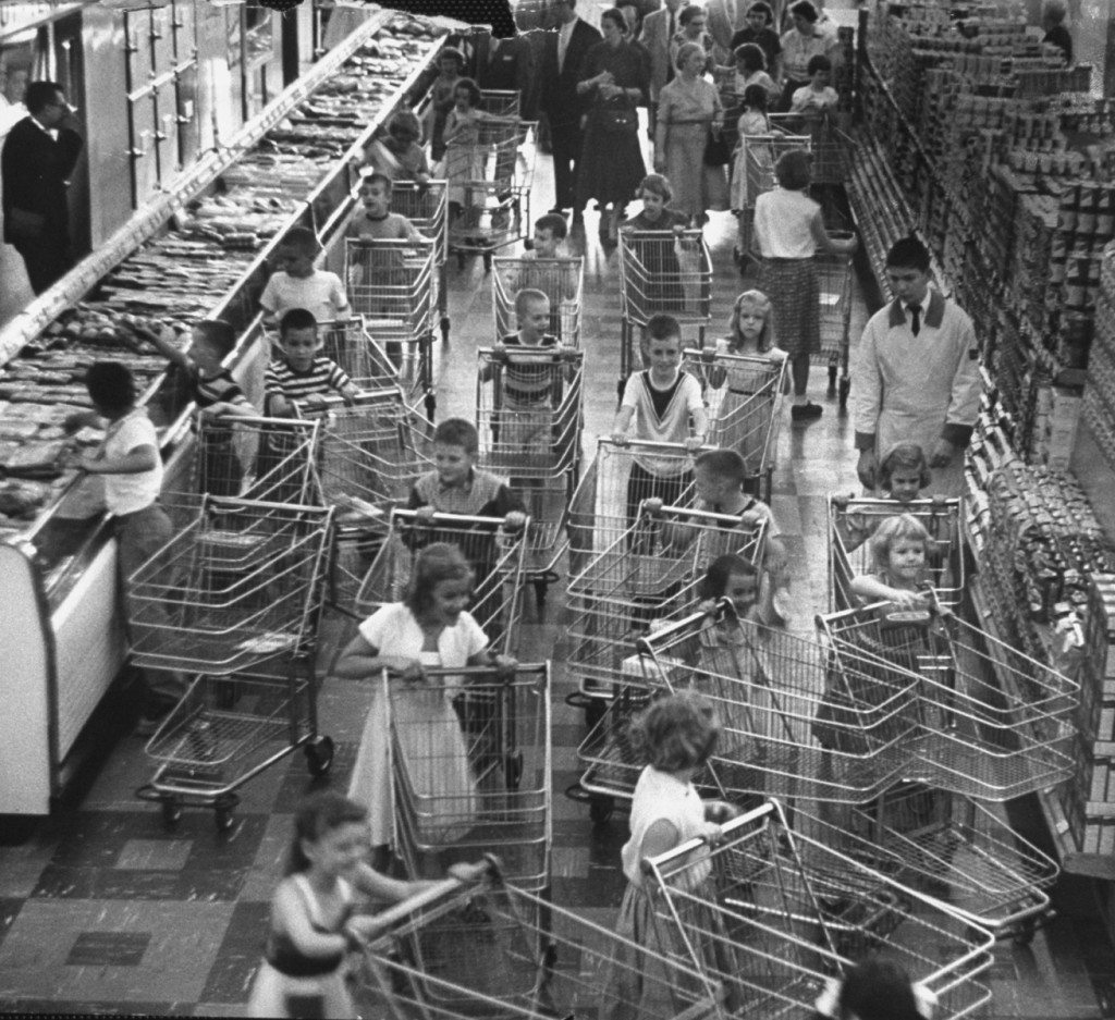 Children shoppers are let loose in a supermarket during an experiment by Kroger Food Foundation to determine what products would be most attractive to young buyers.  (Photo by Francis Miller @The LIFE Picture Collection & Getty Images)